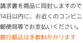 請求書を商品に同封しますので14日以内にお近くのコンビニ郵便局等でお支払いください。銀行振込は手数料かかります